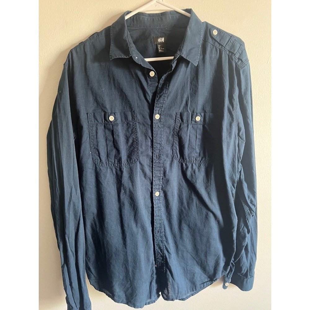 H&M Men's Large Easy Iron Long Sleeve Button Up Shirt Navy Blue EUC